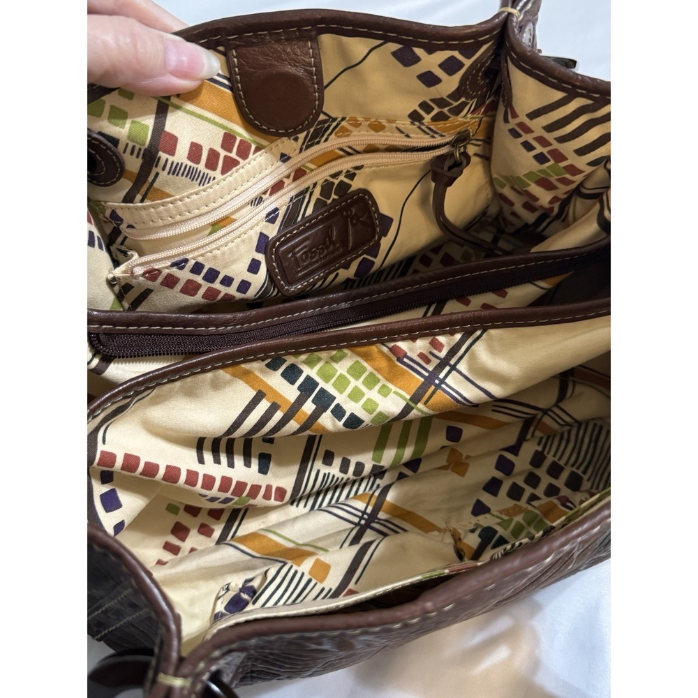 Fossil Brown Leather Embossed Palm Leaf Shoulder Handbag Purse Rustic Boho Chic - Picture 4 of 12
